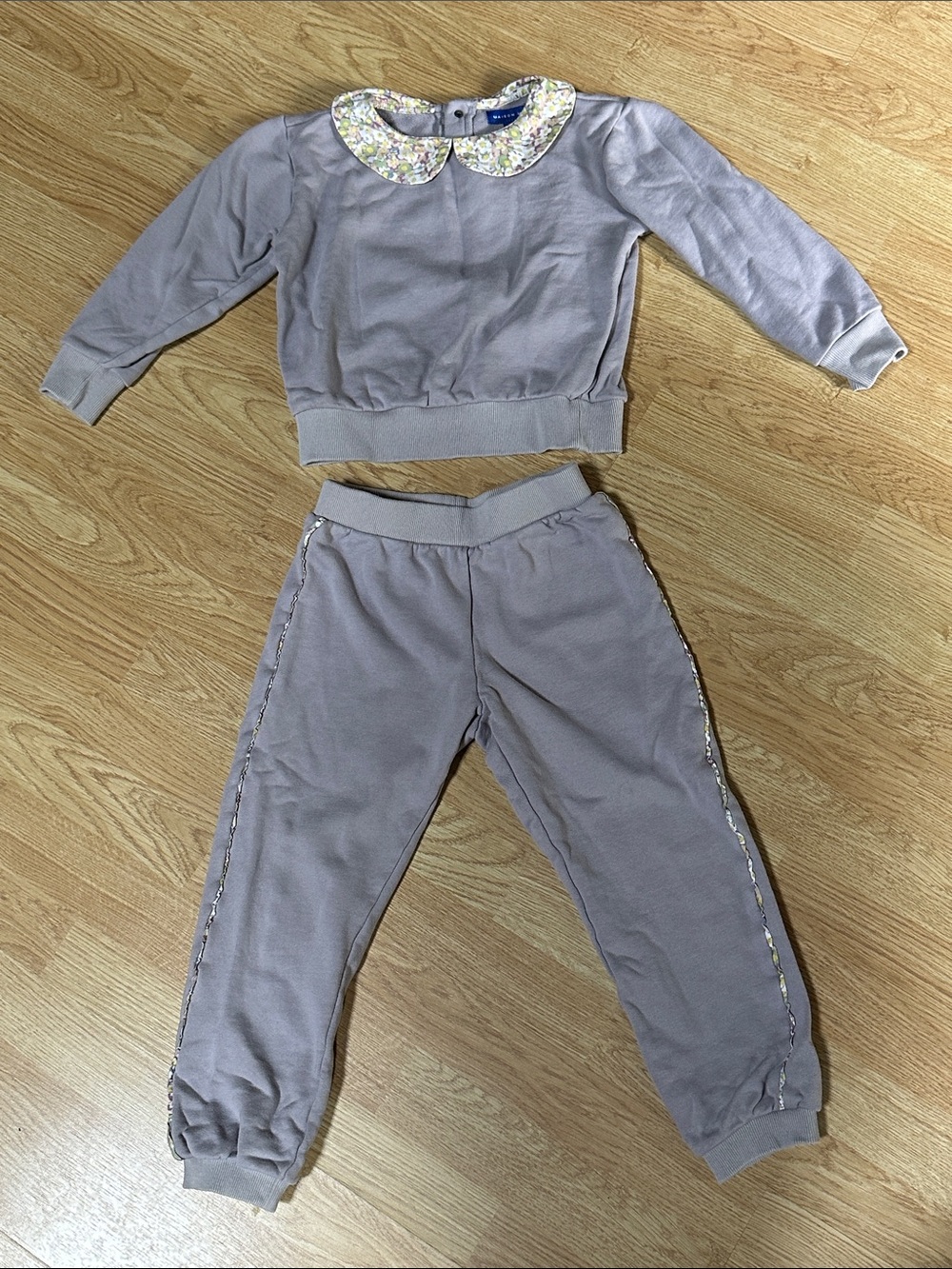 Maison Me cotton Sweatpants sweatshirt set Peter Pan collar purple floral detail